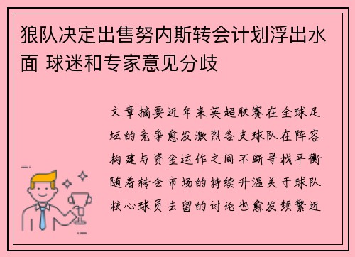 狼队决定出售努内斯转会计划浮出水面 球迷和专家意见分歧