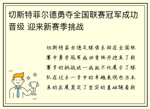 切斯特菲尔德勇夺全国联赛冠军成功晋级 迎来新赛季挑战 切斯特菲尔德勇夺全国联赛冠军成功晋级 迎来新赛季挑战